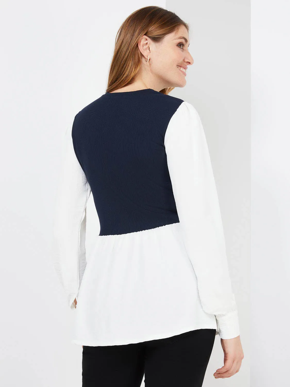 2-Fer Ribbed Top With Button-Front Blouse