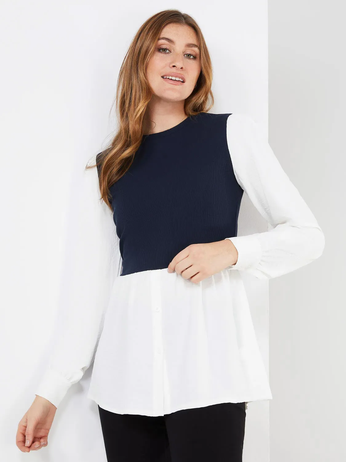 2-Fer Ribbed Top With Button-Front Blouse