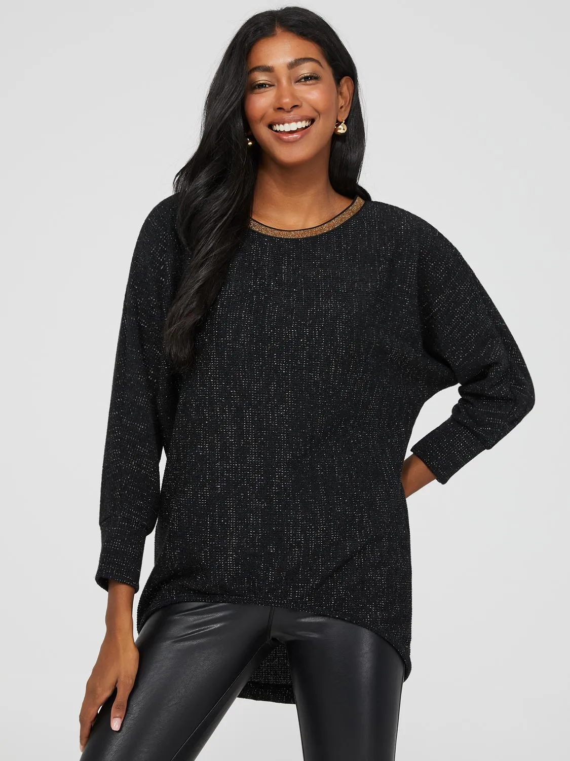 3/4 Sleeve High-Low Glitter Sweater