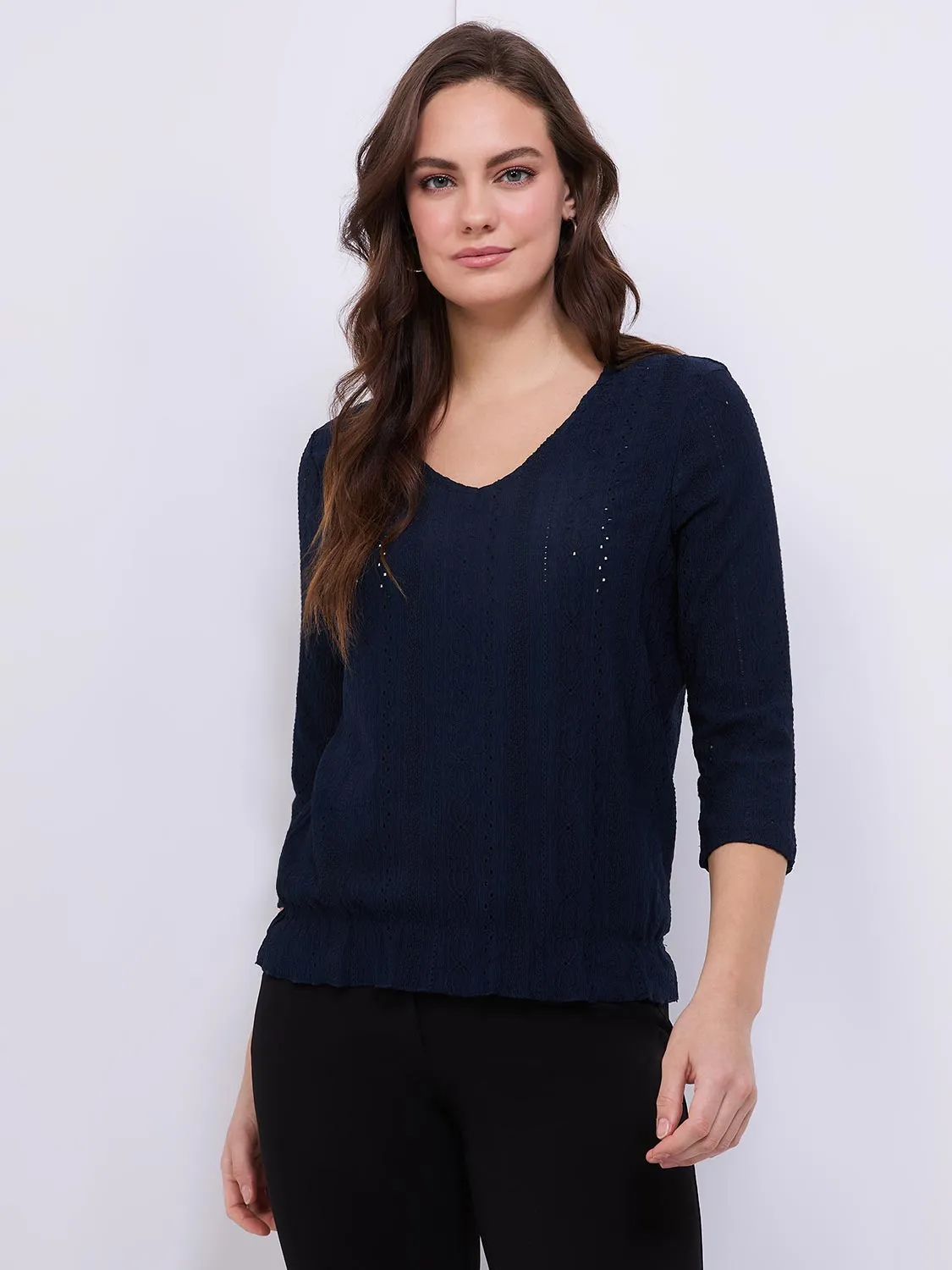 3/4 Sleeve V-Neck Eyelet Top