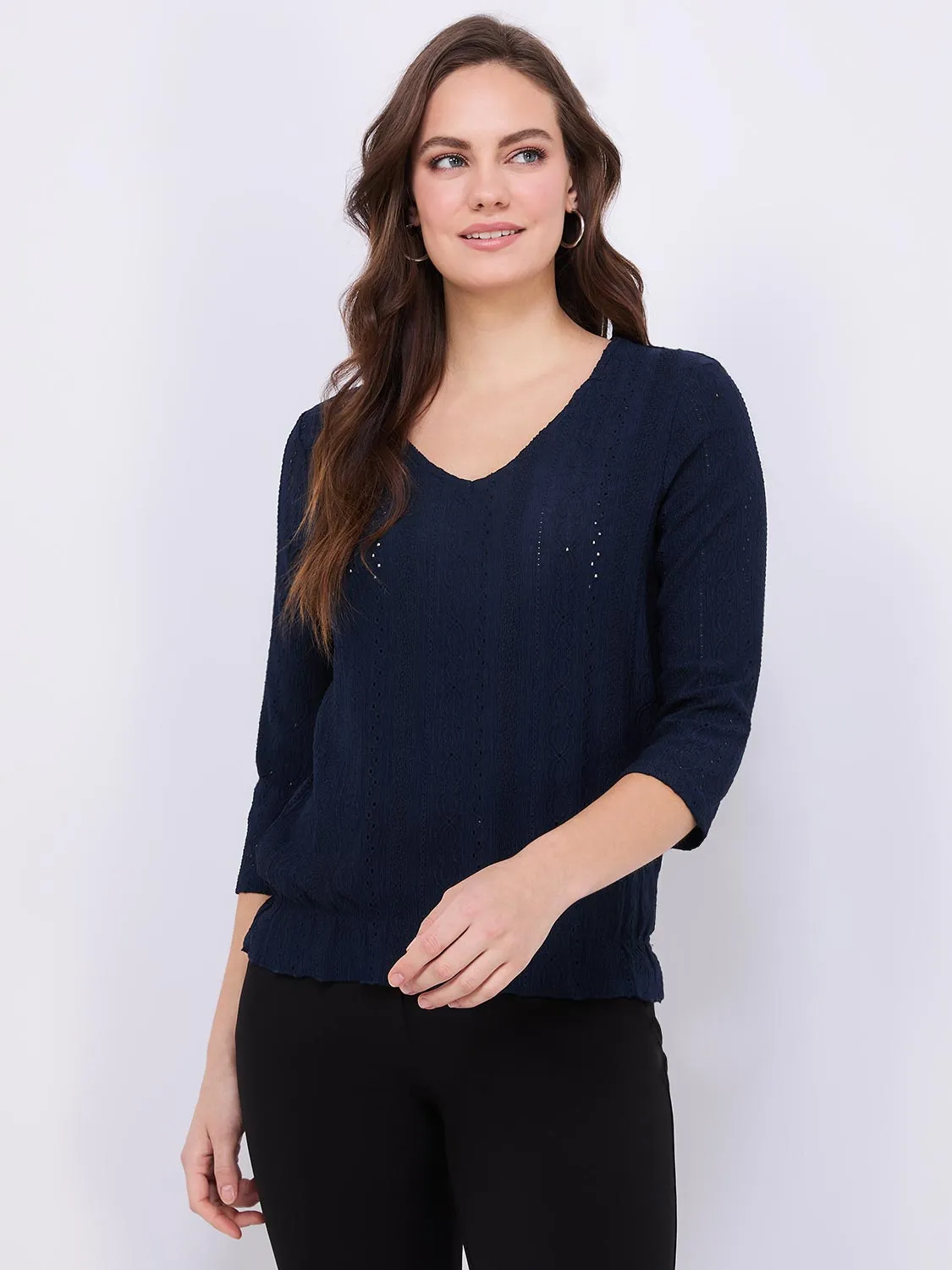 3/4 Sleeve V-Neck Eyelet Top