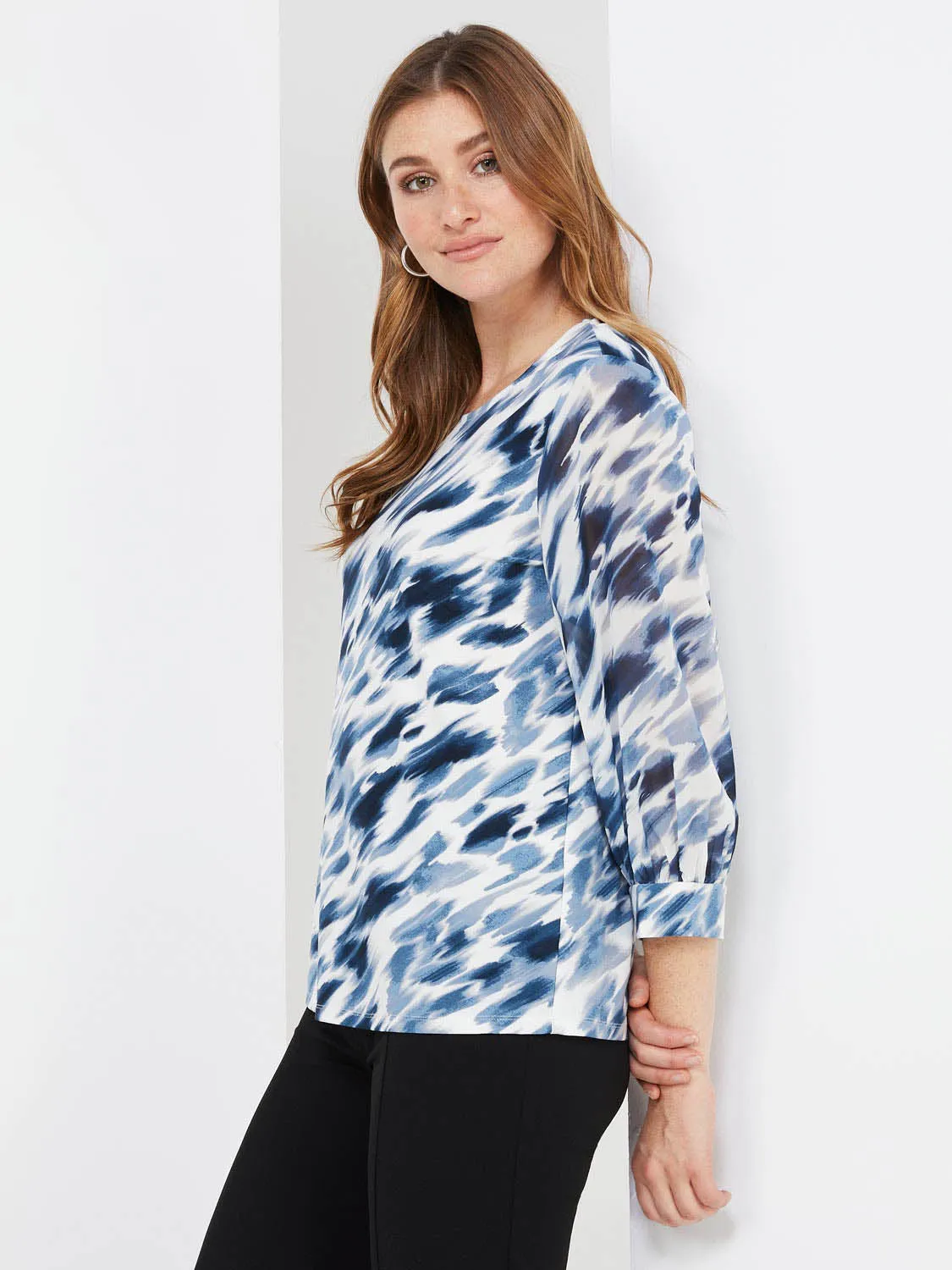 Abstract Print 3/4 Sleeve Chiffon Top