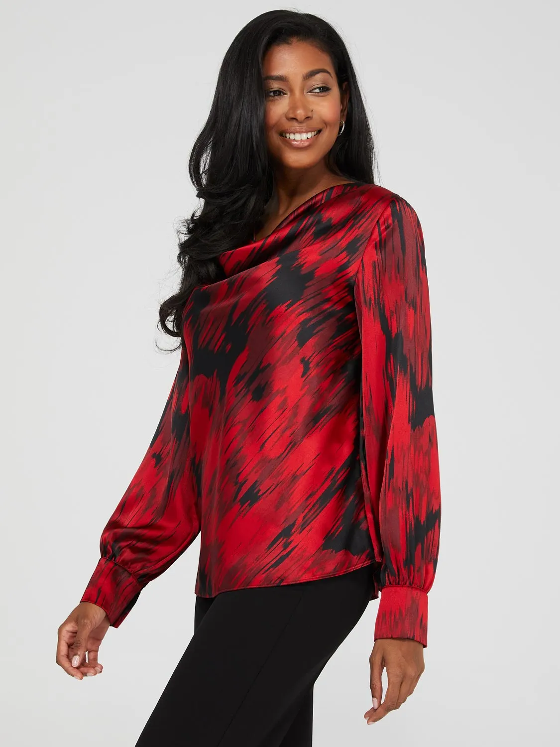 Abstract Print Satin Cowl Neck Blouse