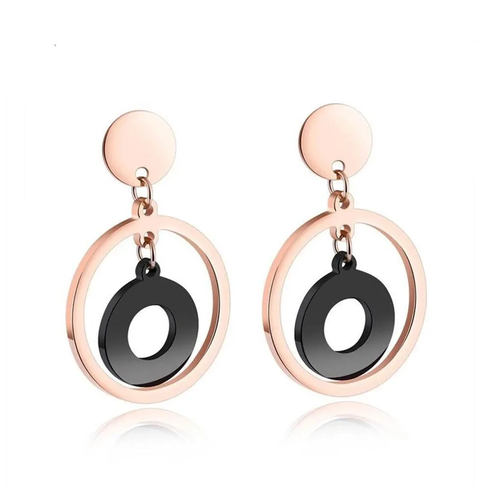 Acrylic Rose Gold Color Double Circle Stainless Steel Drop Earrings, Fashion Jewelry Ear Stud