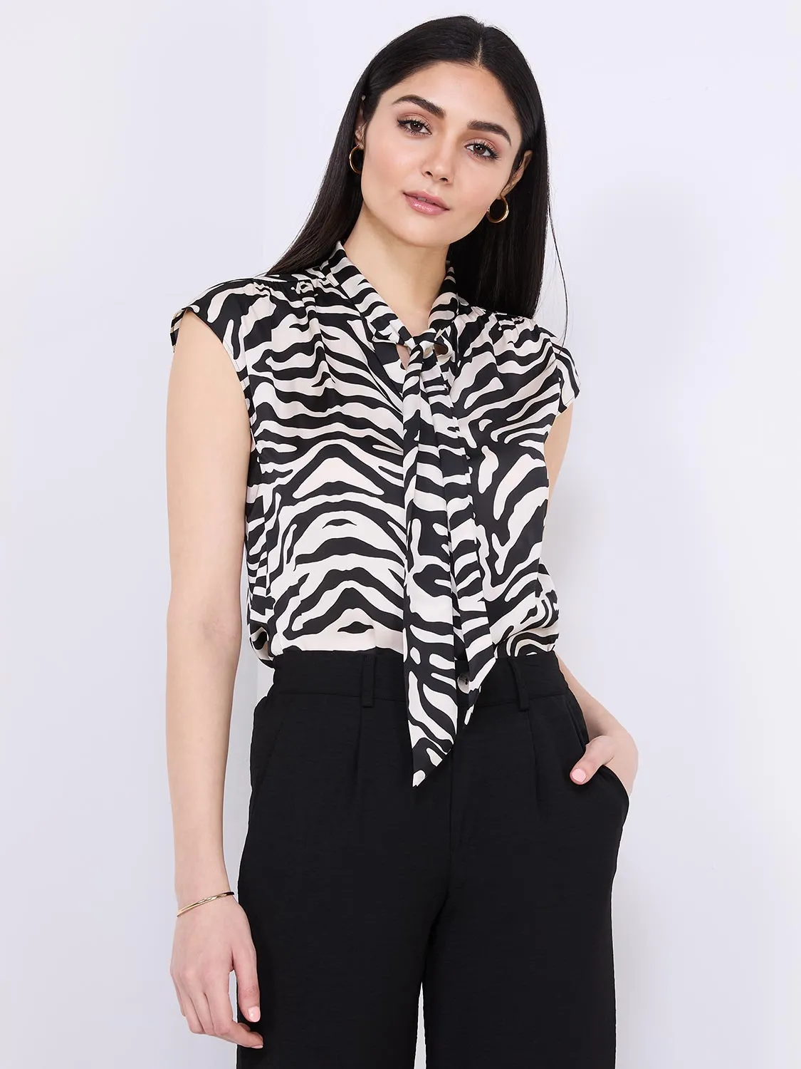 Animal Print Satin Bow Blouse