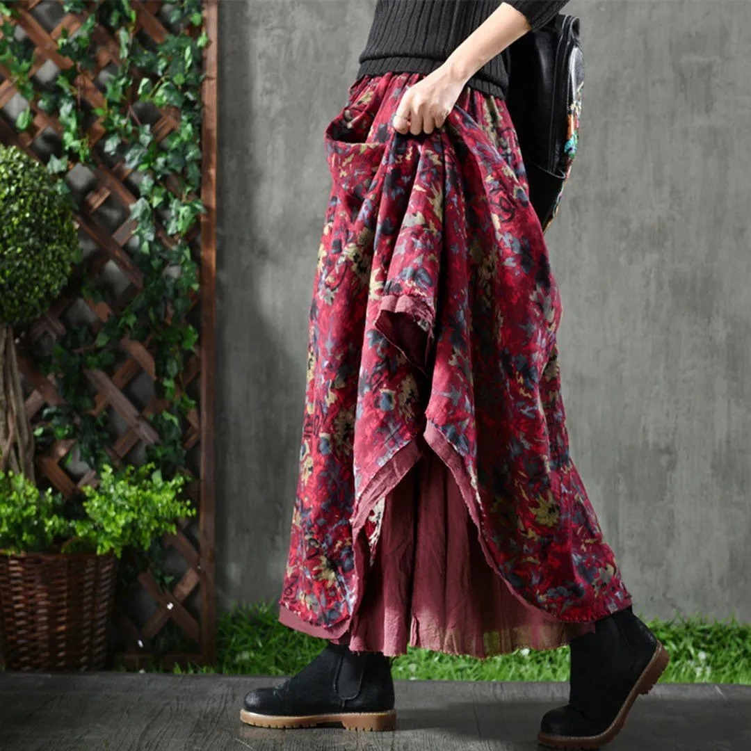 Babakud Floral Loose Casual Cotton Linen Skirts For Women