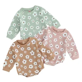 Baby Girls Autumn Ribbed Knit Floral Romper Onesie (3 Colors)