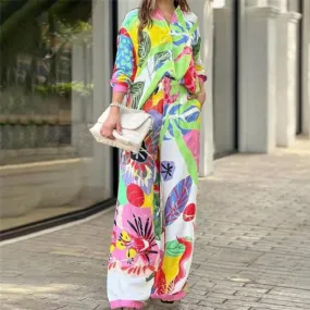 Beach Printed  Women High Waist Pants and Button Shirts 2 Piece Set B-74729