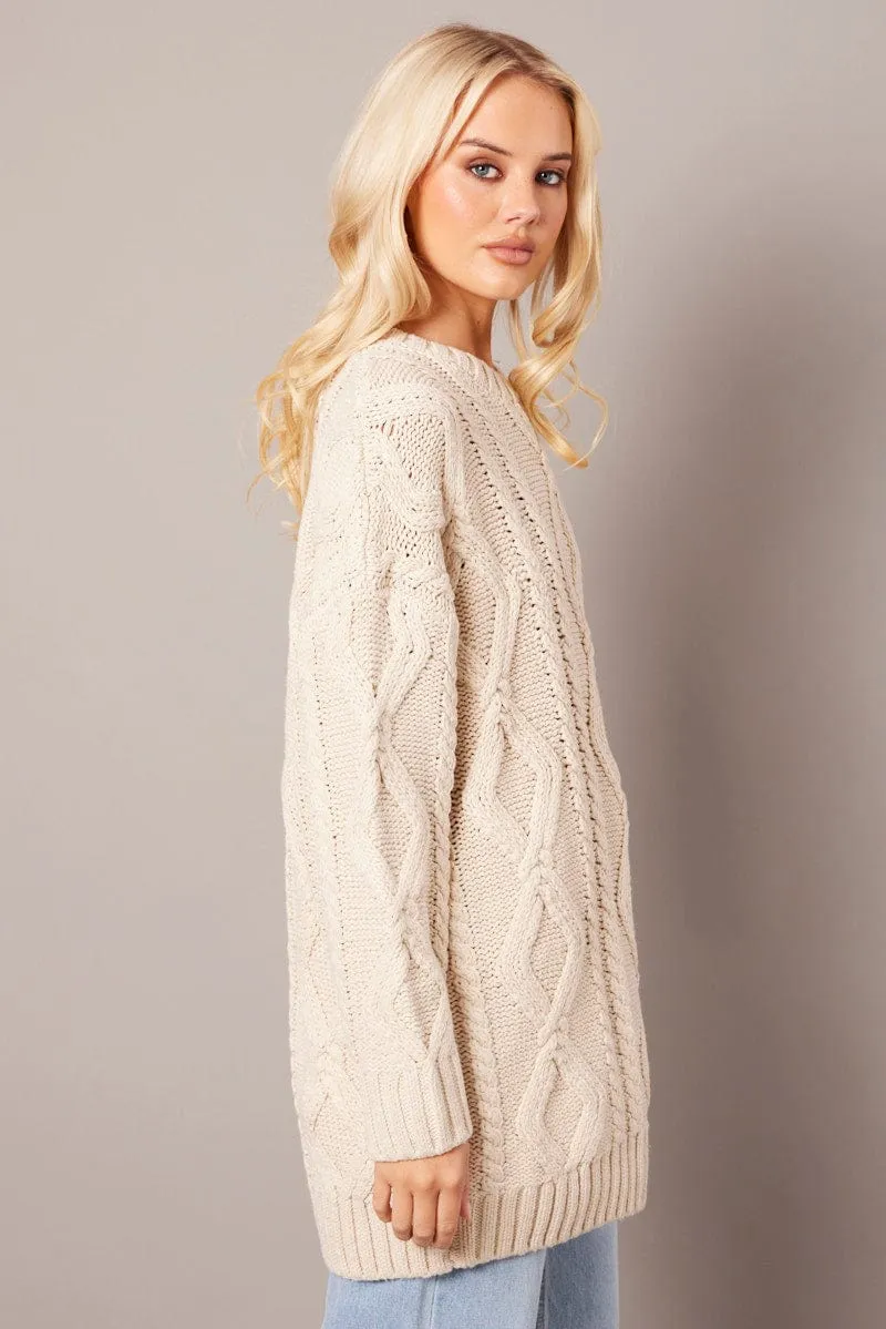 Beige Cable Knit Top Long Sleeve Longline