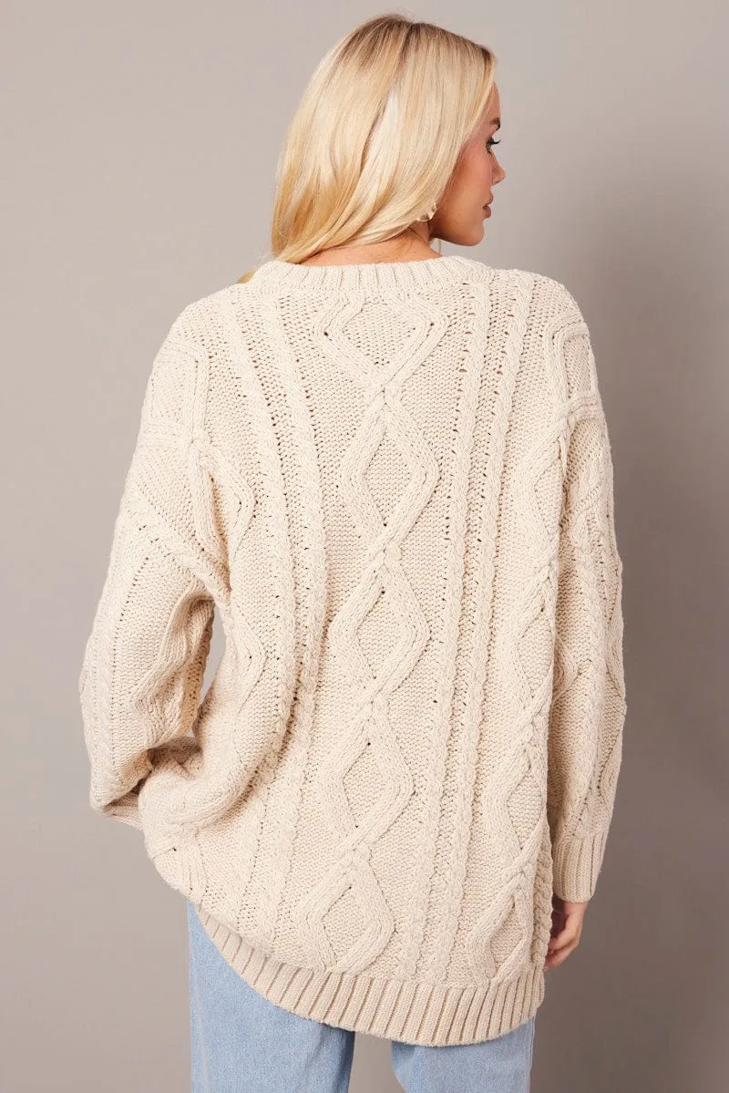 Beige Cable Knit Top Long Sleeve Longline