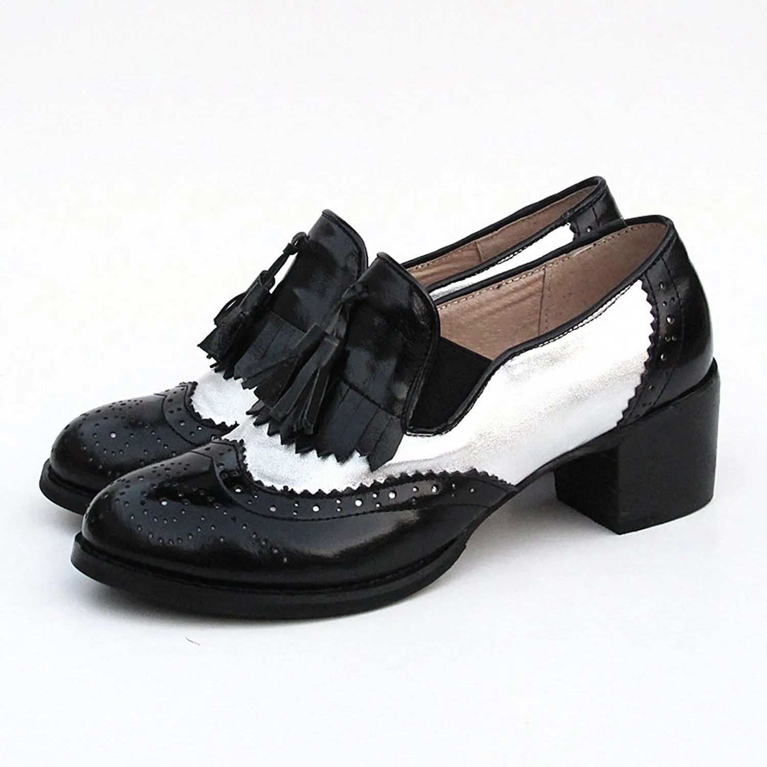 Black and White Classic Fringed Chunky Heel Oxford Shoes