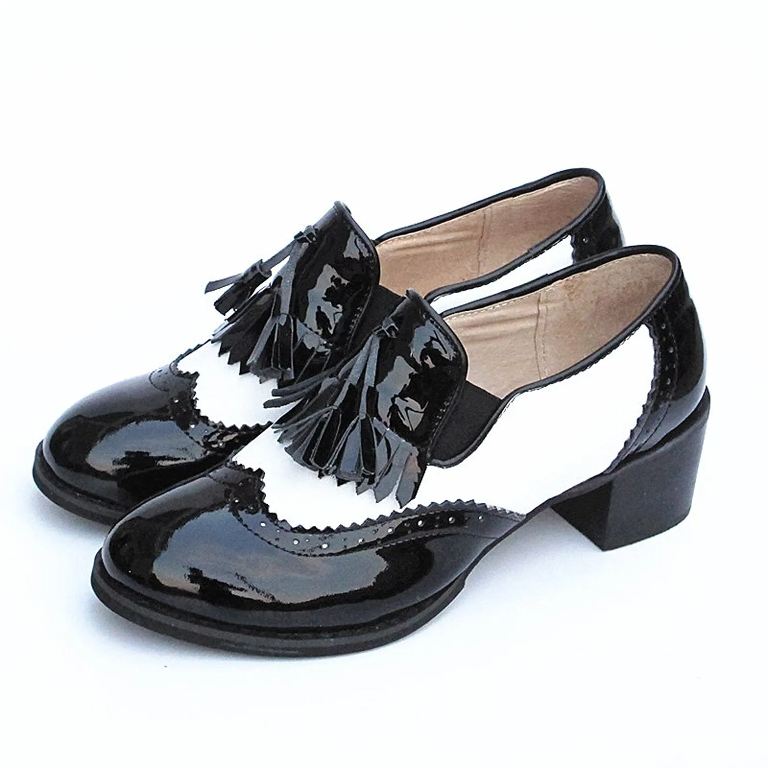 Black and White Classic Fringed Chunky Heel Oxford Shoes