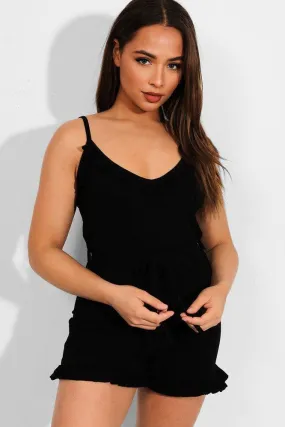 Black Frill Trims Ribbed Cami Playsuit