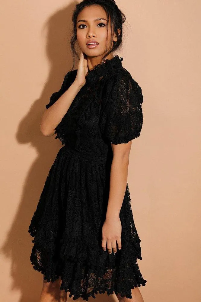 Black Pom Pom Trims Layered Delicate Lace Dress