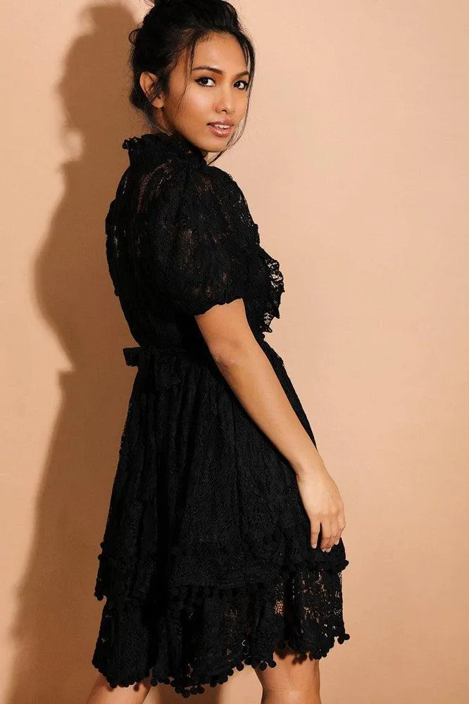 Black Pom Pom Trims Layered Delicate Lace Dress