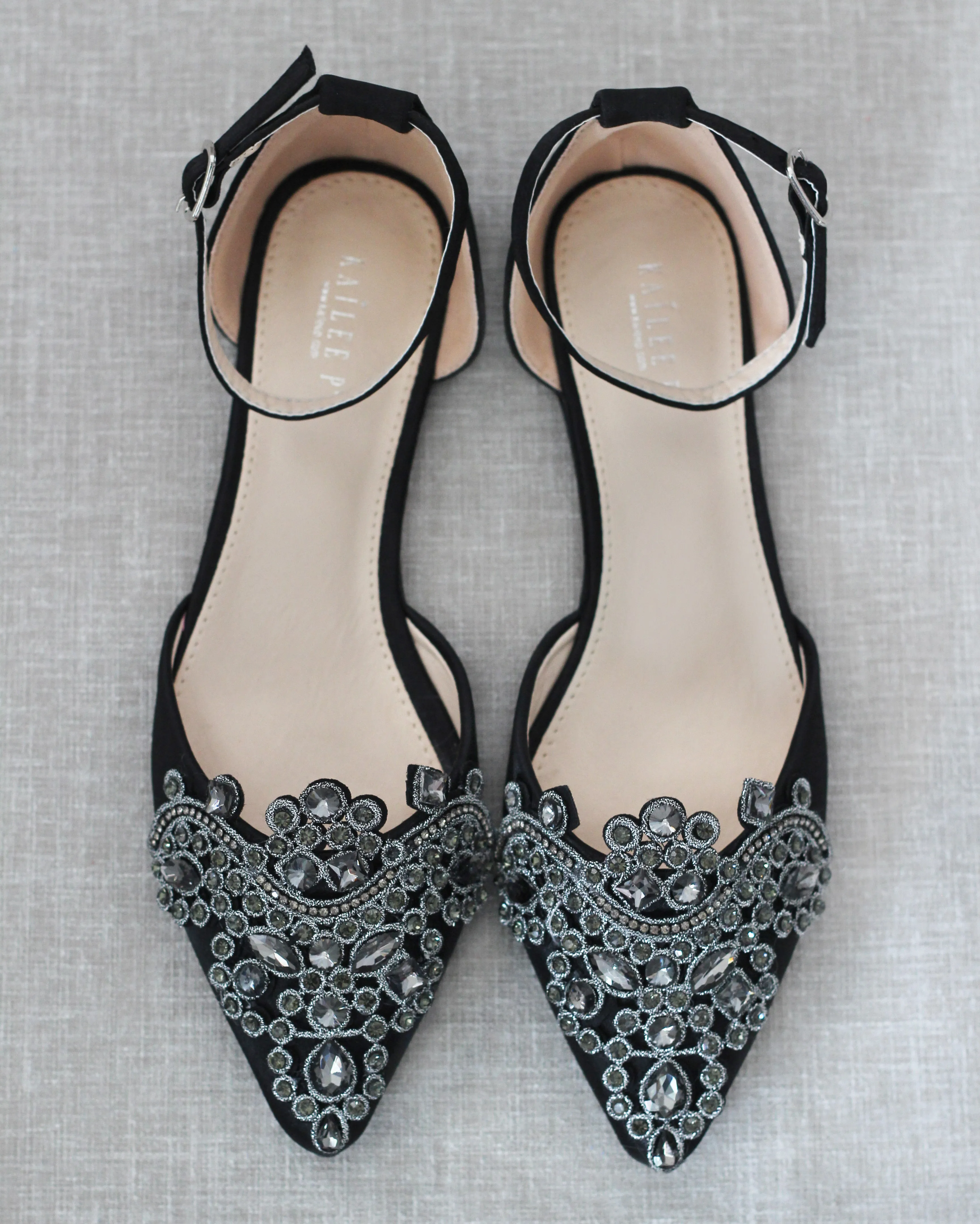 Black Satin Pointy Toe Flats with Oversized Rhinestones Applique Embellishments