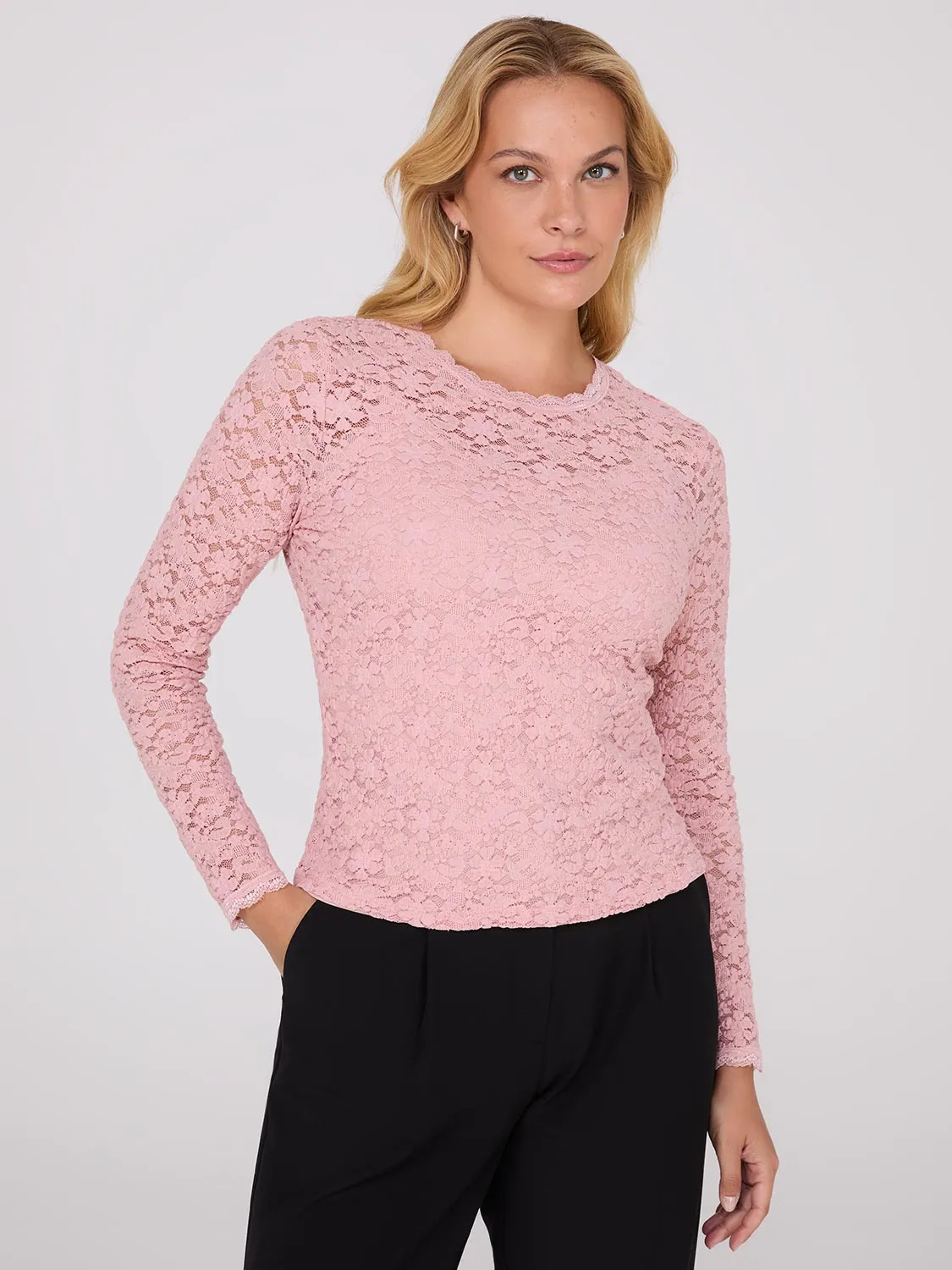 Bubble Lace Long Sleeve Top With Cami