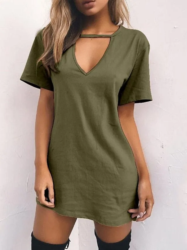 Casual V-Neck T-Shirt Dress for Women - Short Sleeve Loose Fit Mini Dress