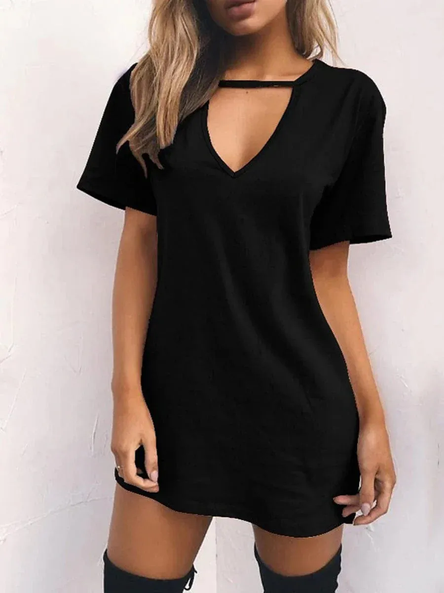 Casual V-Neck T-Shirt Dress for Women - Short Sleeve Loose Fit Mini Dress