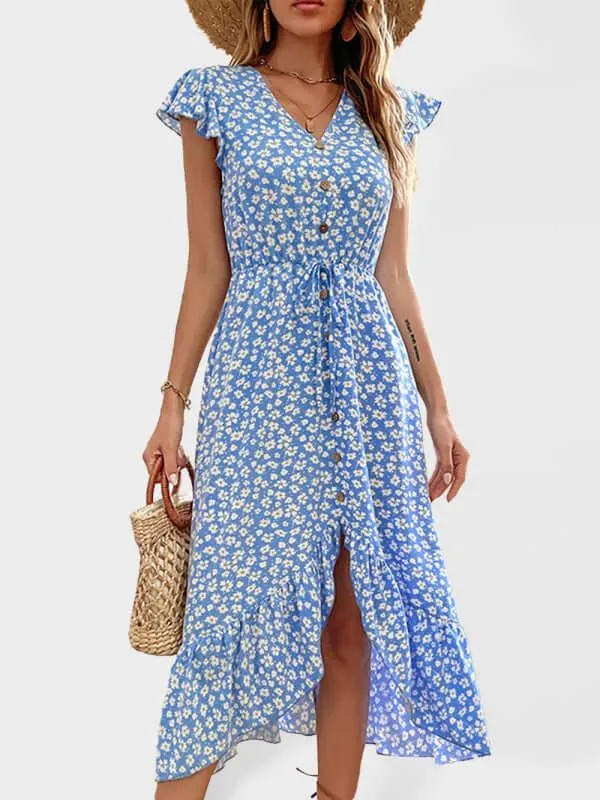 Casual V-Neck Women Midi Dress