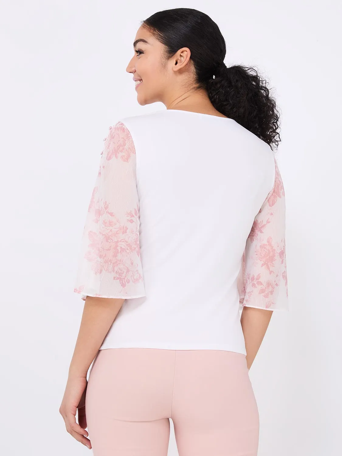 Chiffon Flutter Sleeve Top With Button Details