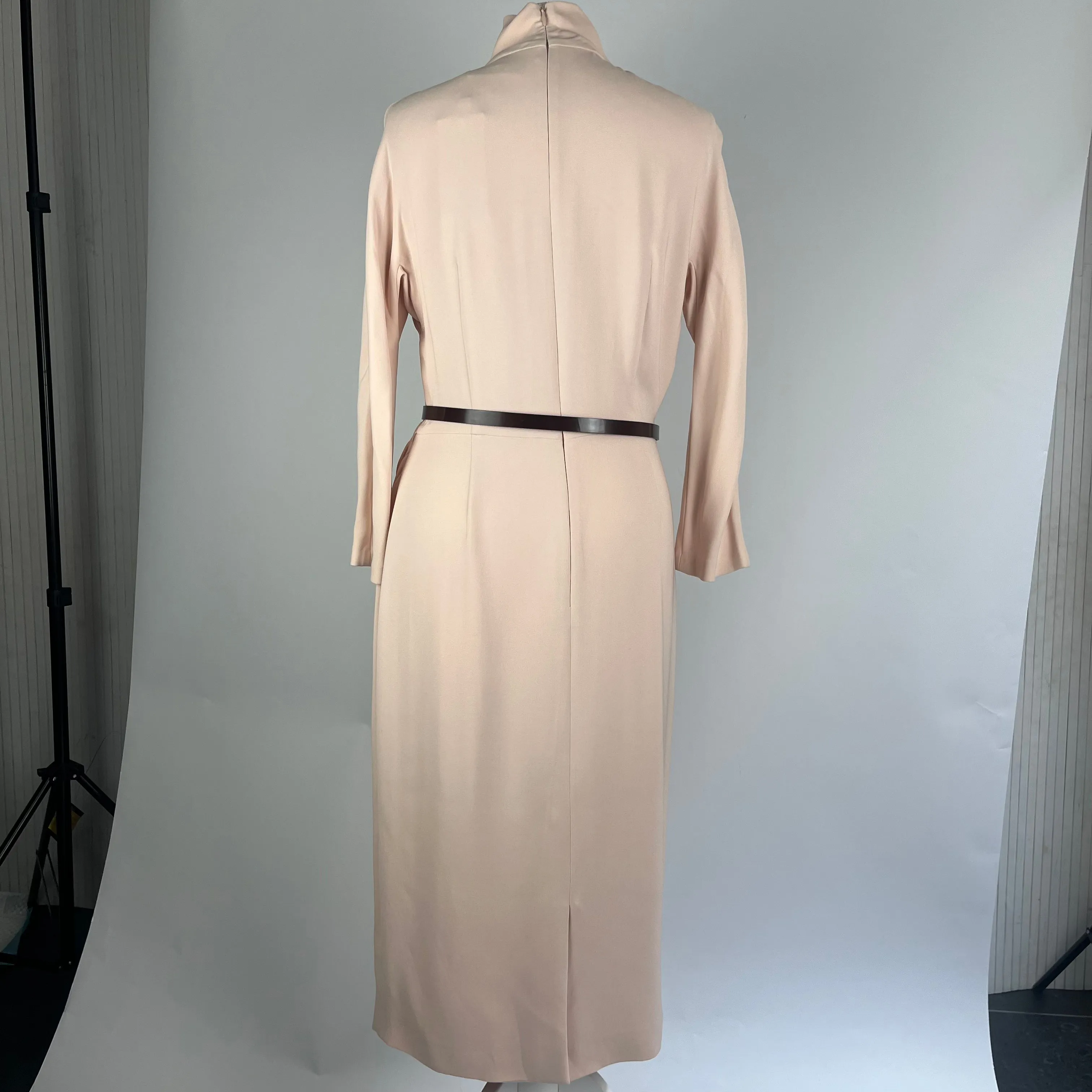 Christian Dior Nude Pink Stretch Silk Belted Midi Dress L