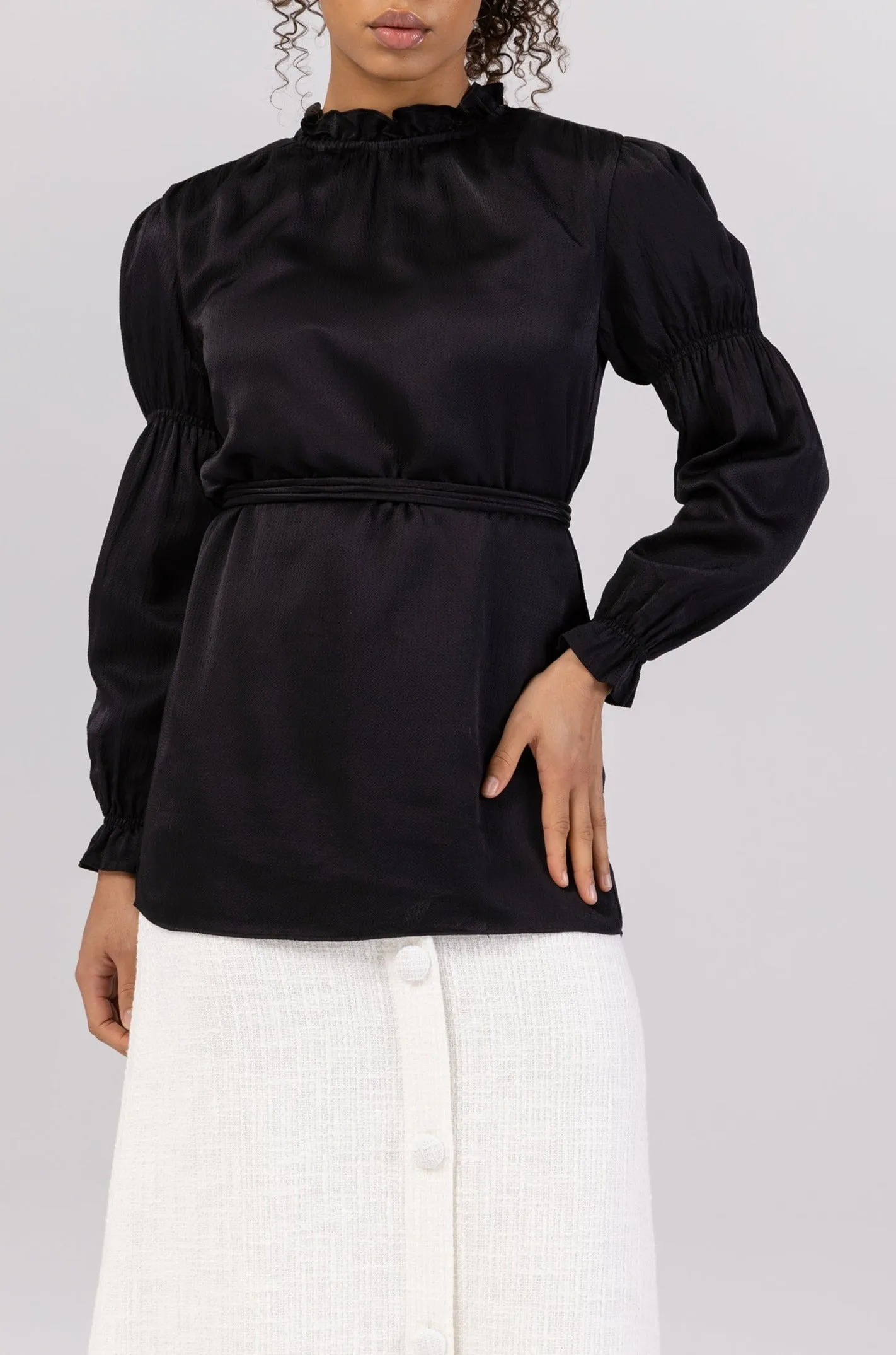 Cinched Sleeve Blouse - Black