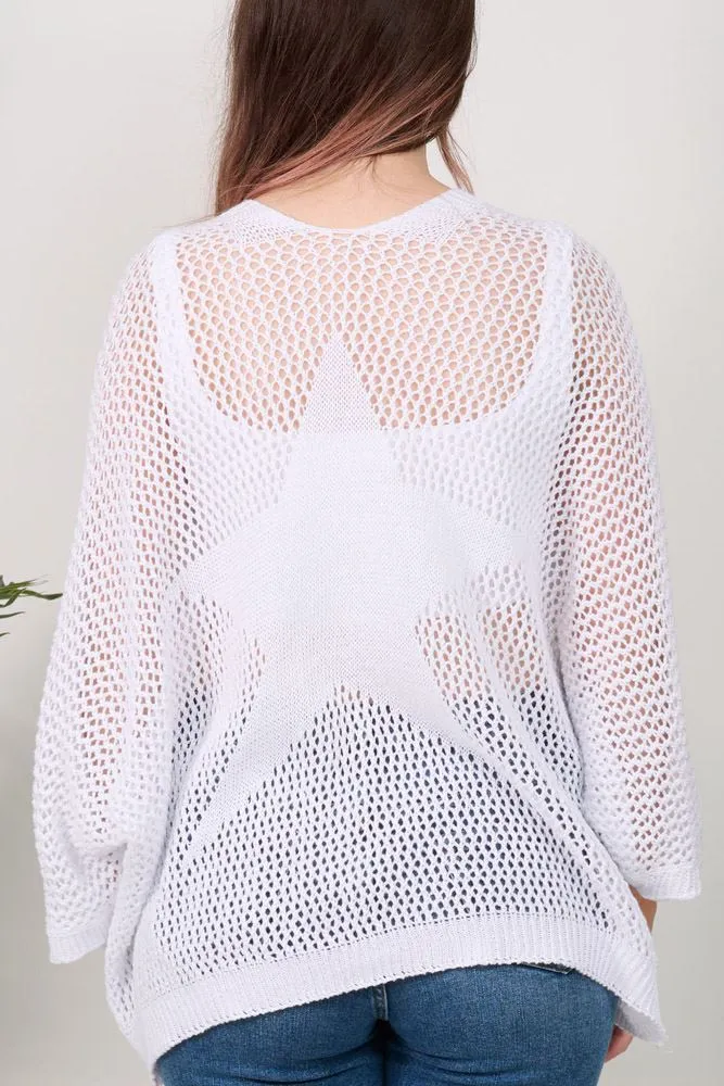 Crochet Cutout Pattern Back Star Print Cotton Top