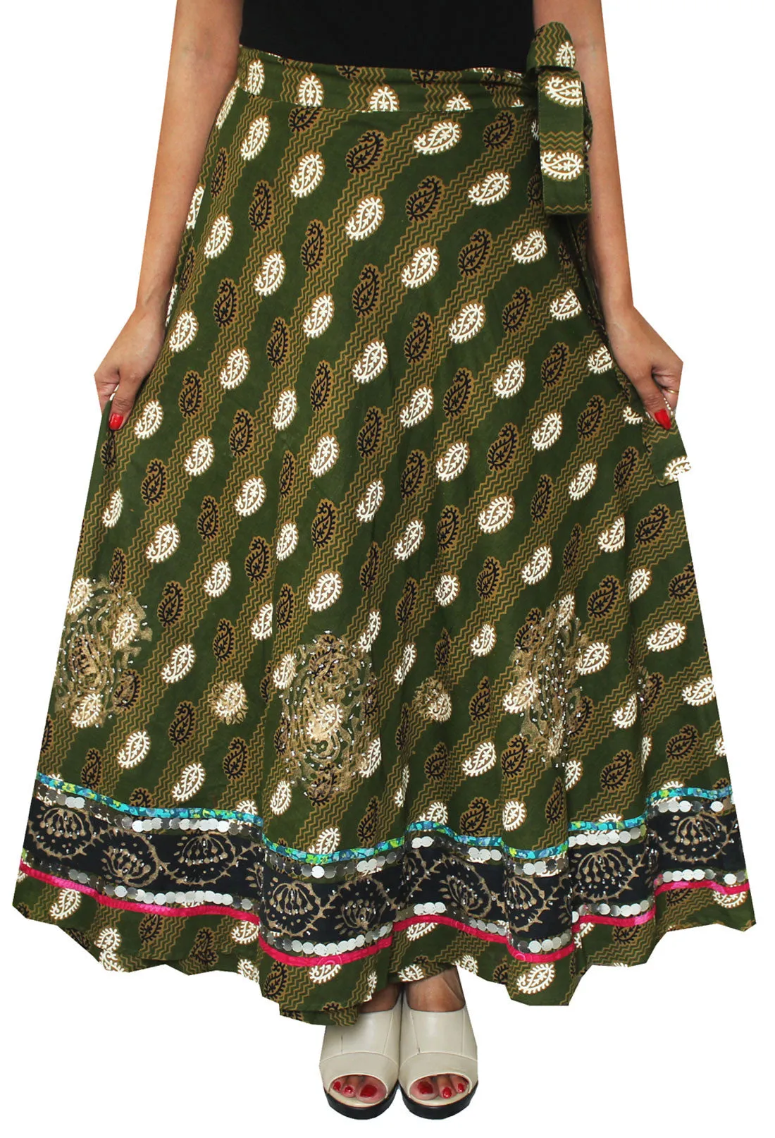 Designer Indian Wrap Skirt Long Cotton Maxi Printed India (Green)