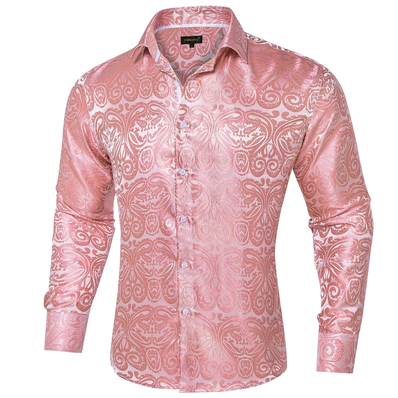 DiBanGu Shirts for Men Pink Floral Silk Men's Long Sleeve Shirt