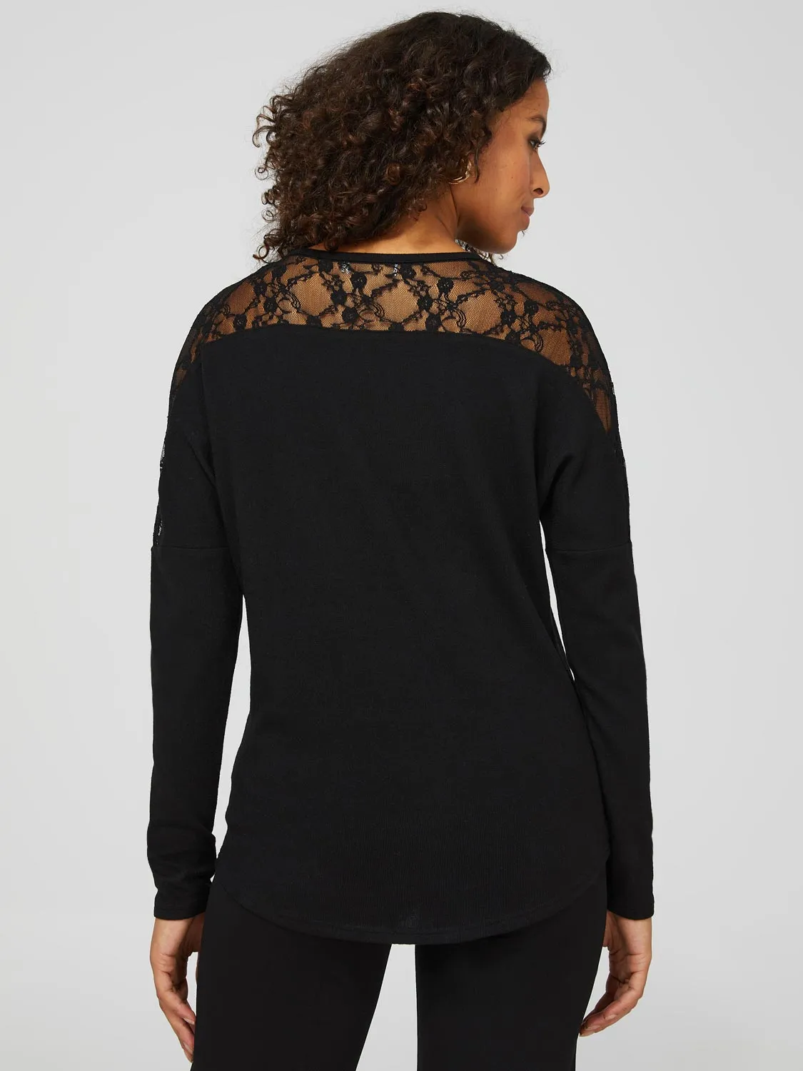 Dolman Sleeve Crew Neck Top With Sheer Lace Details