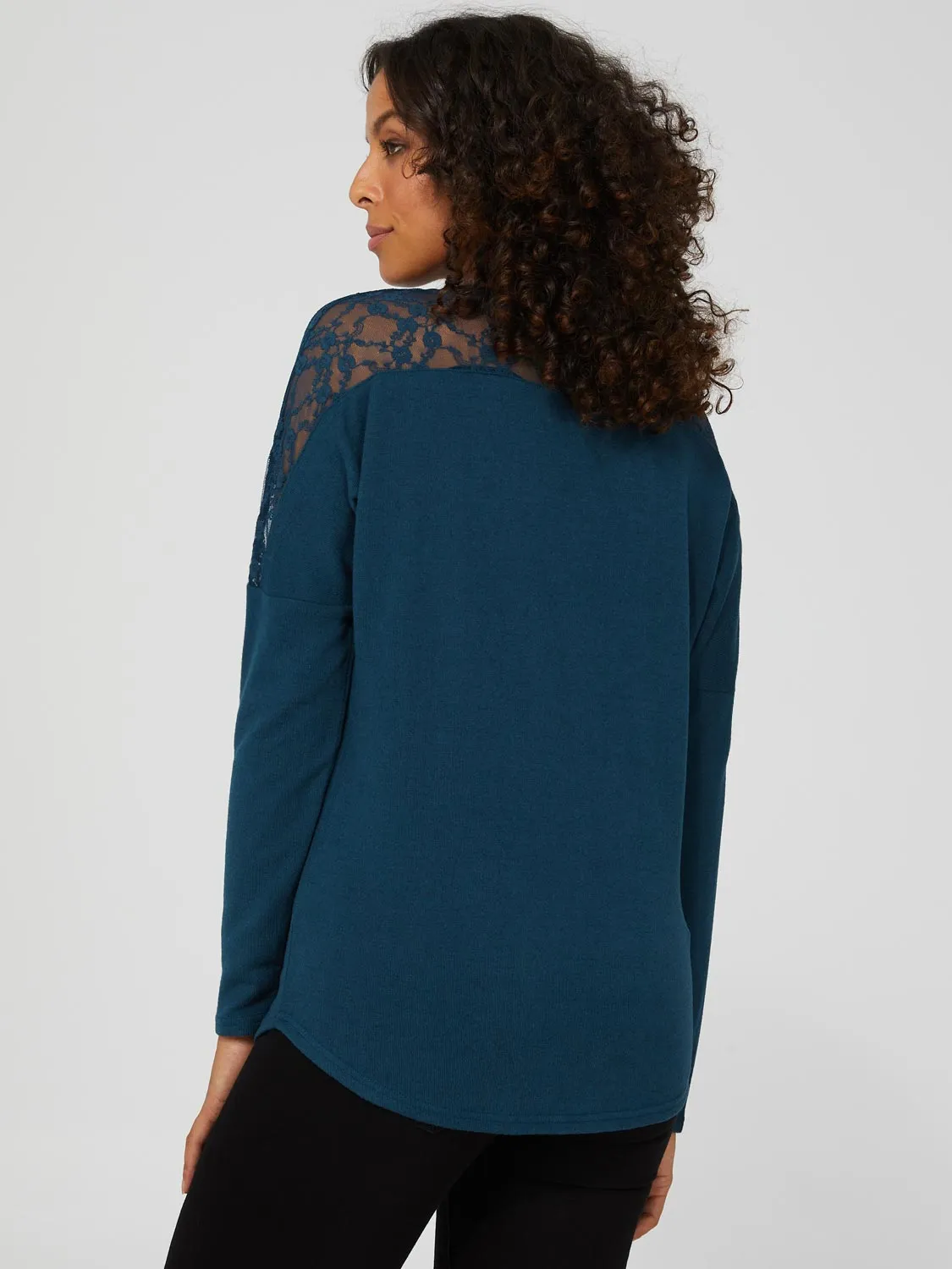 Dolman Sleeve Crew Neck Top With Sheer Lace Details