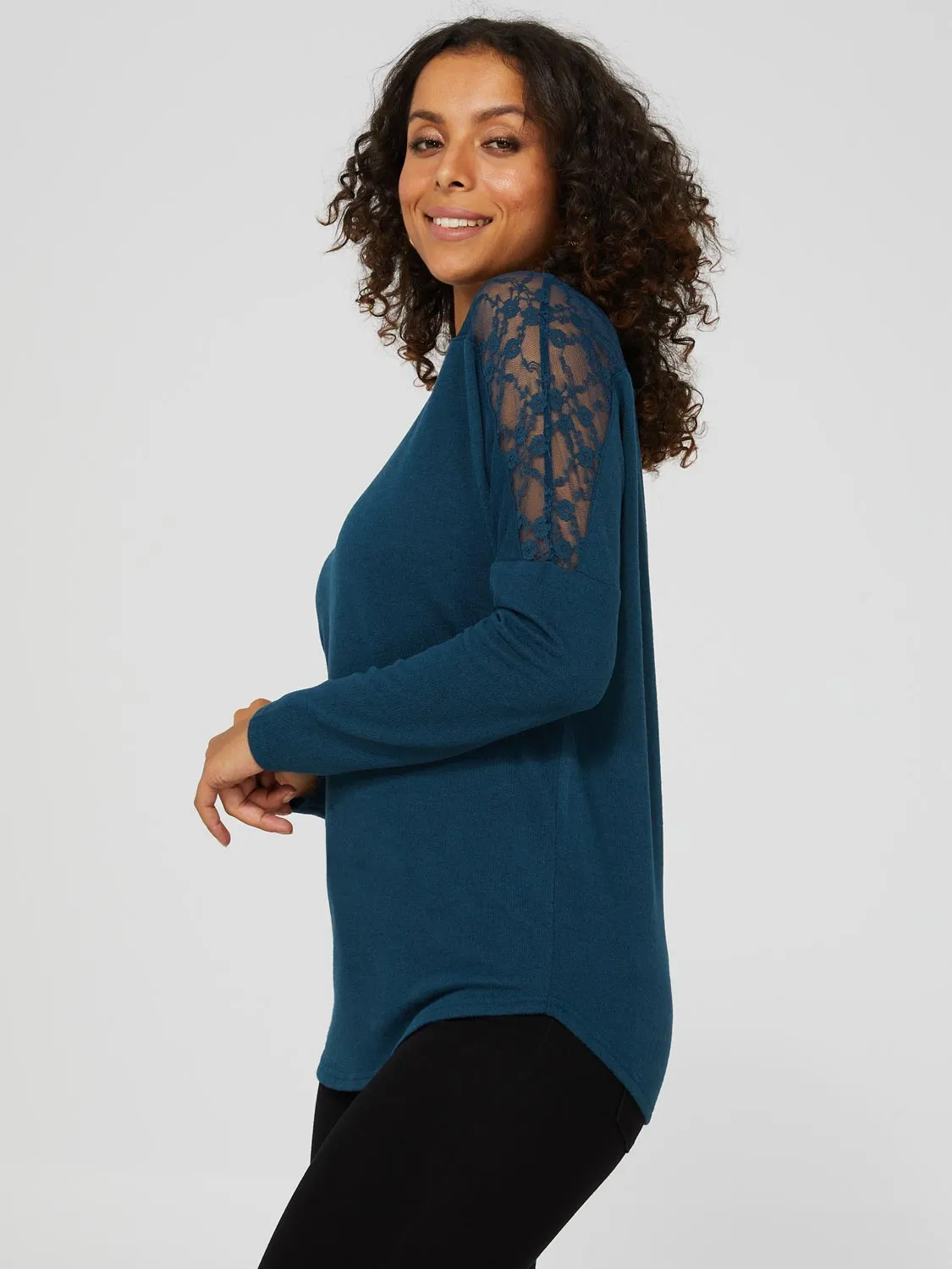 Dolman Sleeve Crew Neck Top With Sheer Lace Details