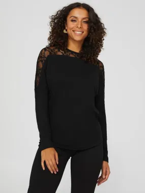 Dolman Sleeve Crew Neck Top With Sheer Lace Details