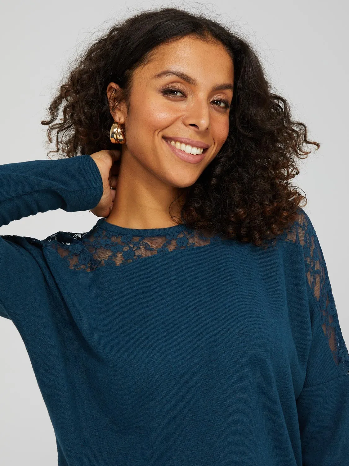 Dolman Sleeve Crew Neck Top With Sheer Lace Details