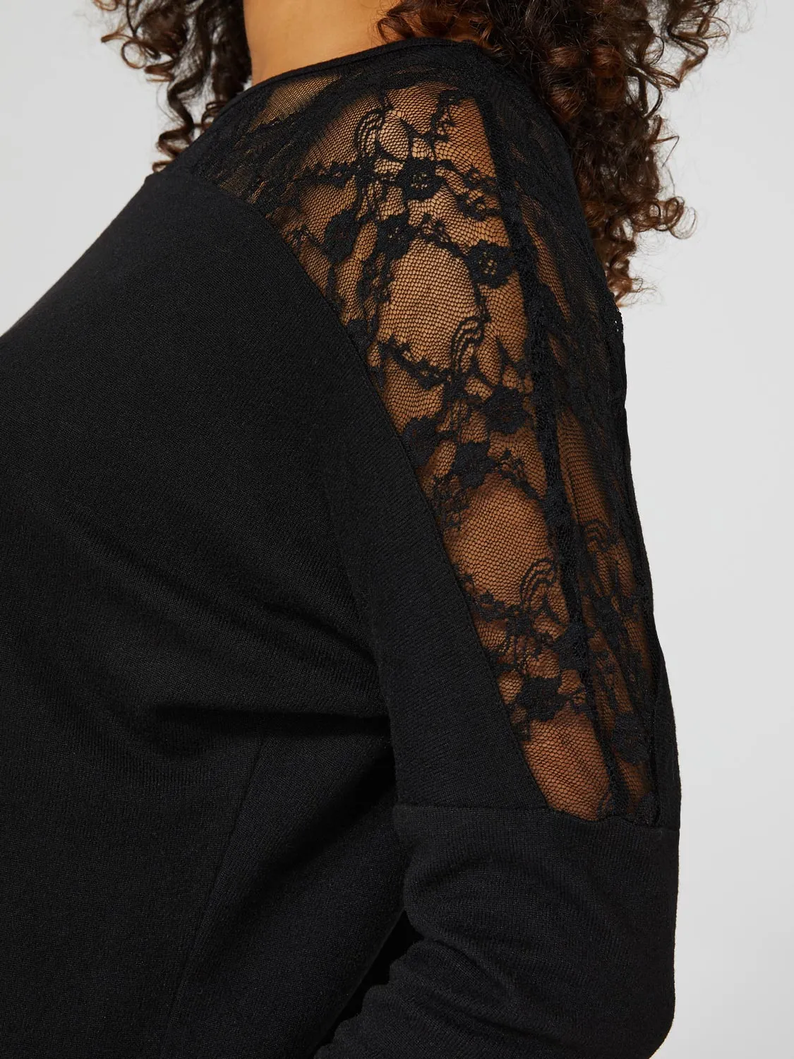 Dolman Sleeve Crew Neck Top With Sheer Lace Details