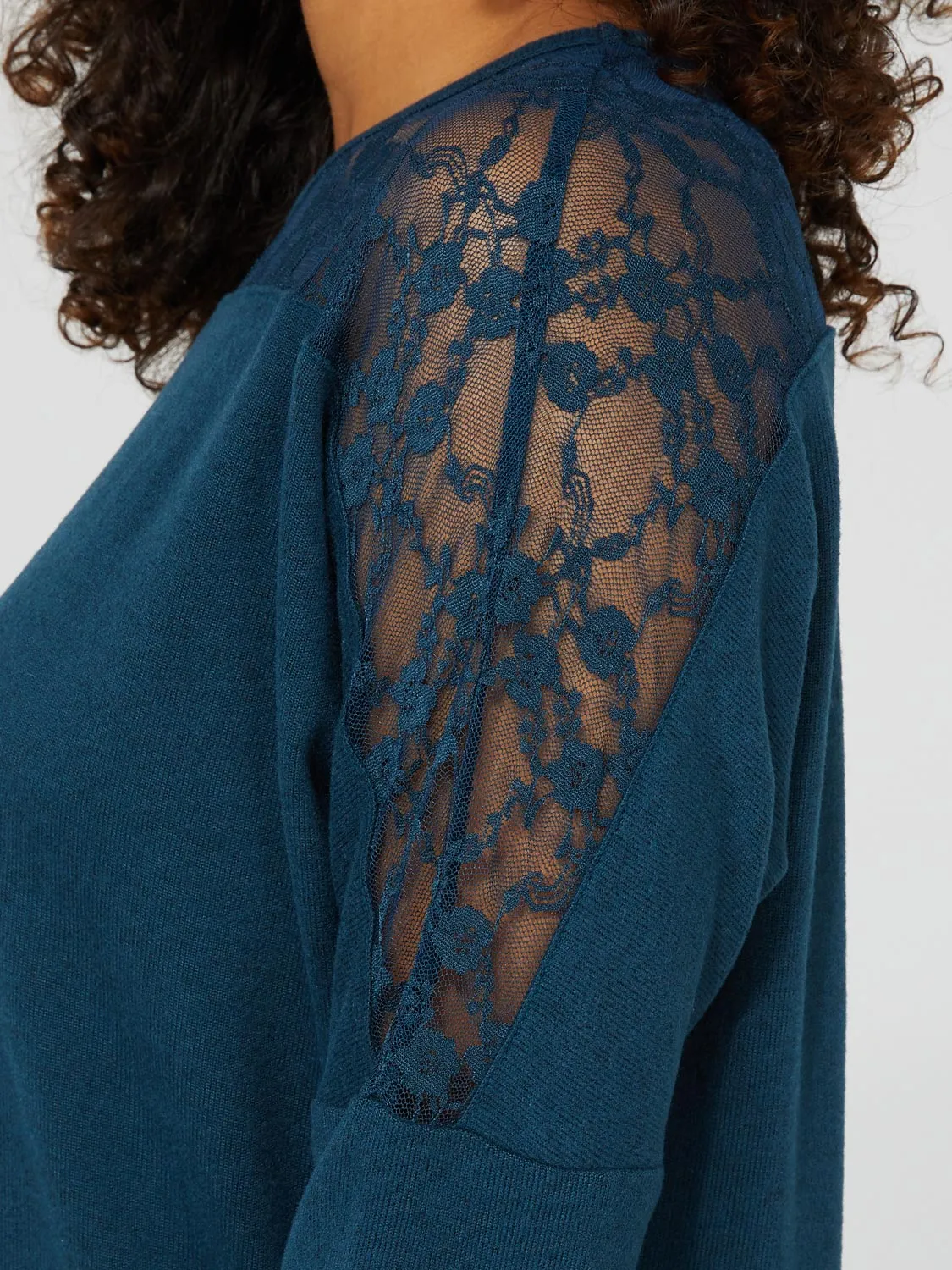 Dolman Sleeve Crew Neck Top With Sheer Lace Details