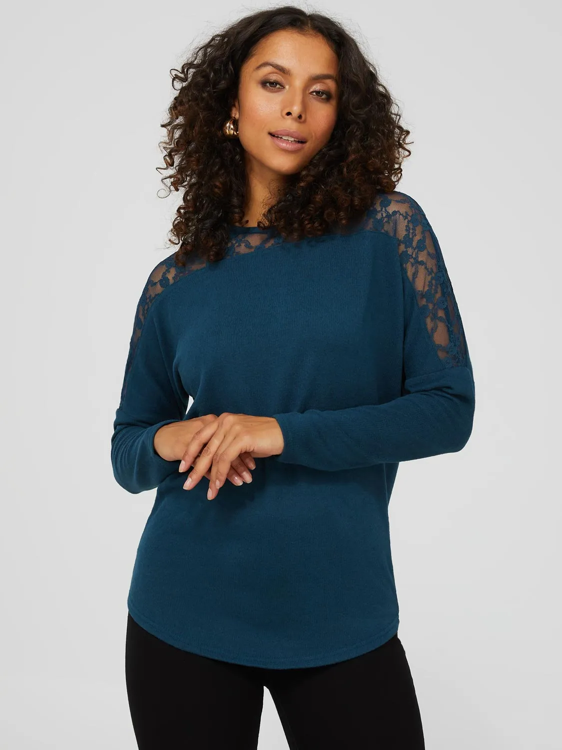 Dolman Sleeve Crew Neck Top With Sheer Lace Details