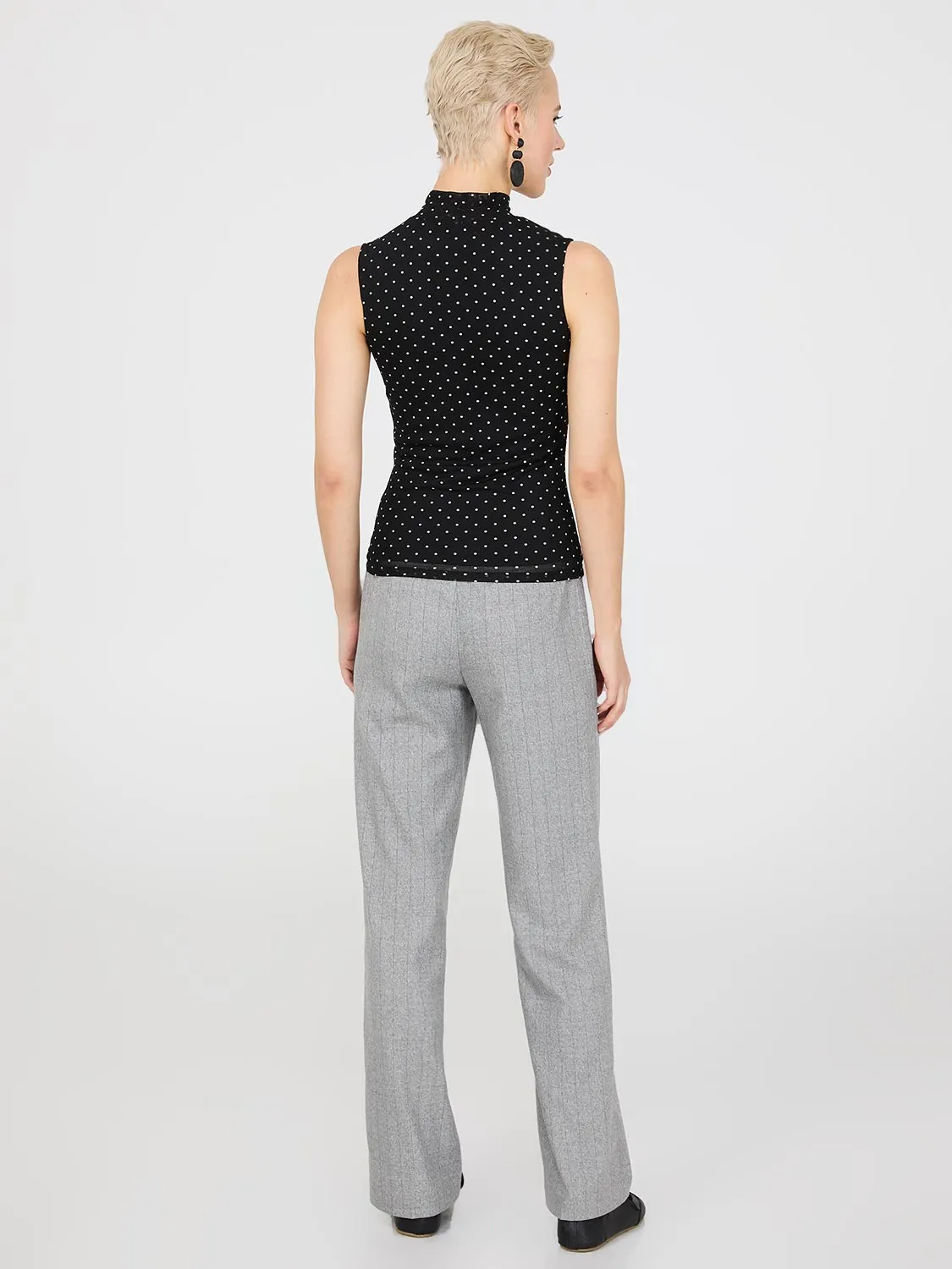 Dot Print Mock Neck Mesh Top