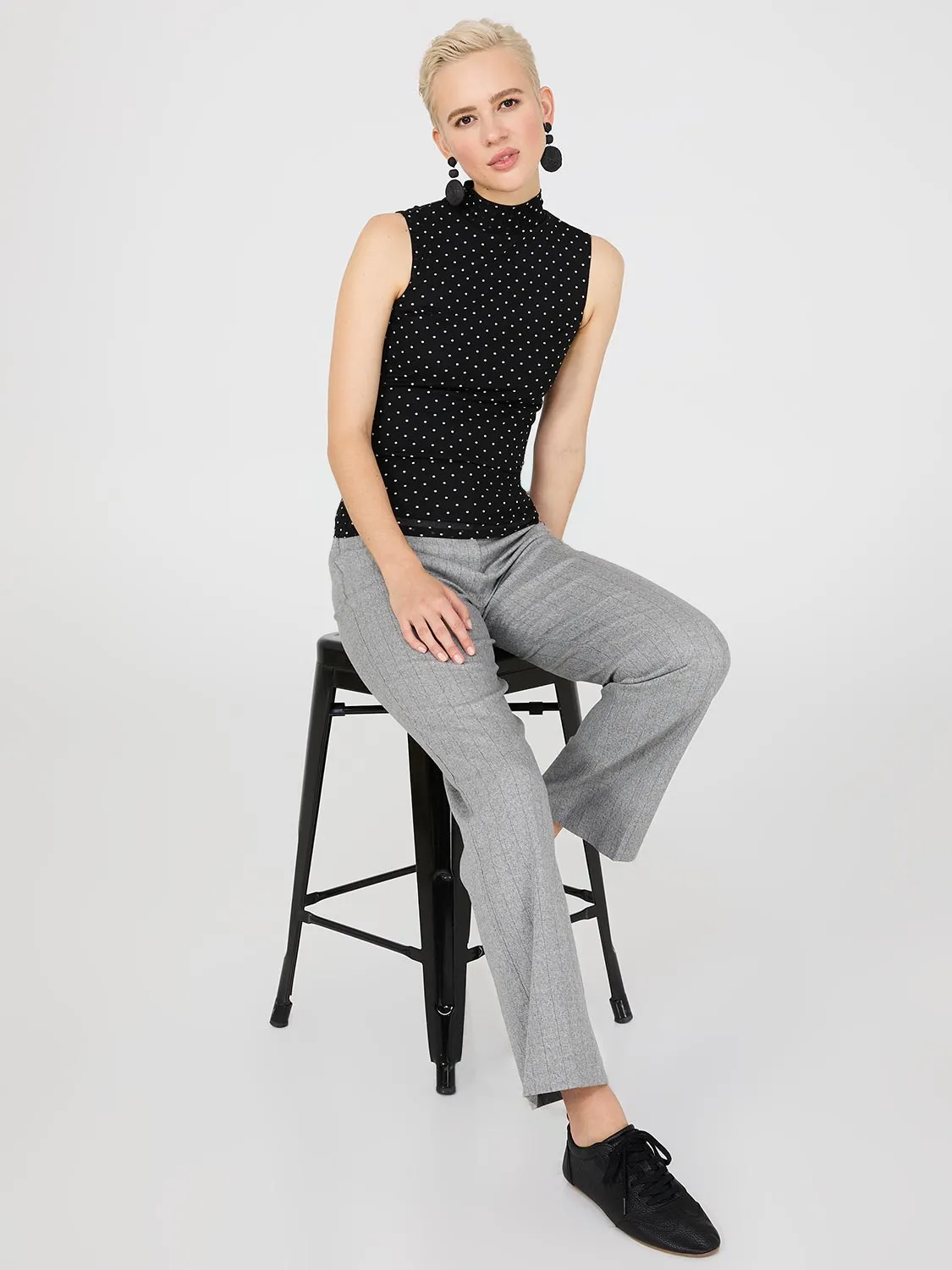 Dot Print Mock Neck Mesh Top