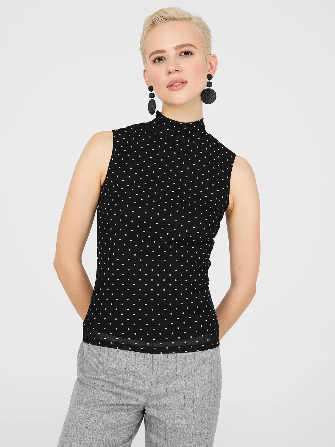 Dot Print Mock Neck Mesh Top