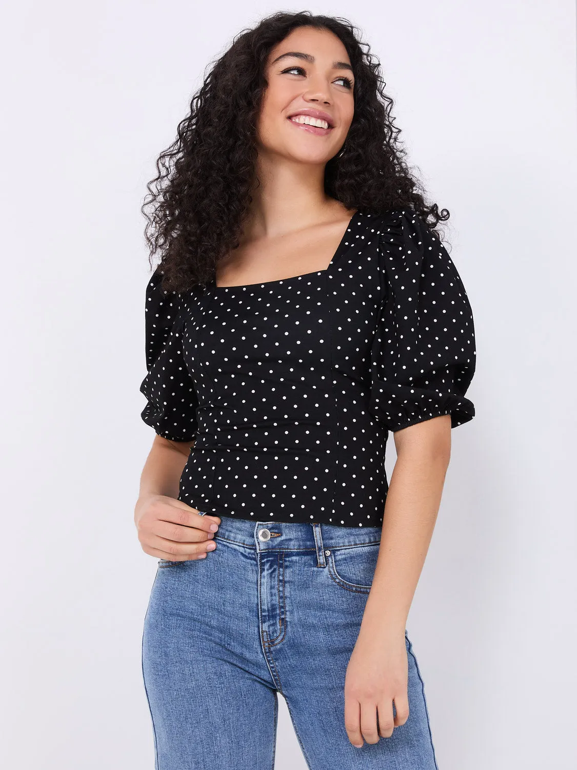 Dot Print Puff Sleeve Square Neck Top