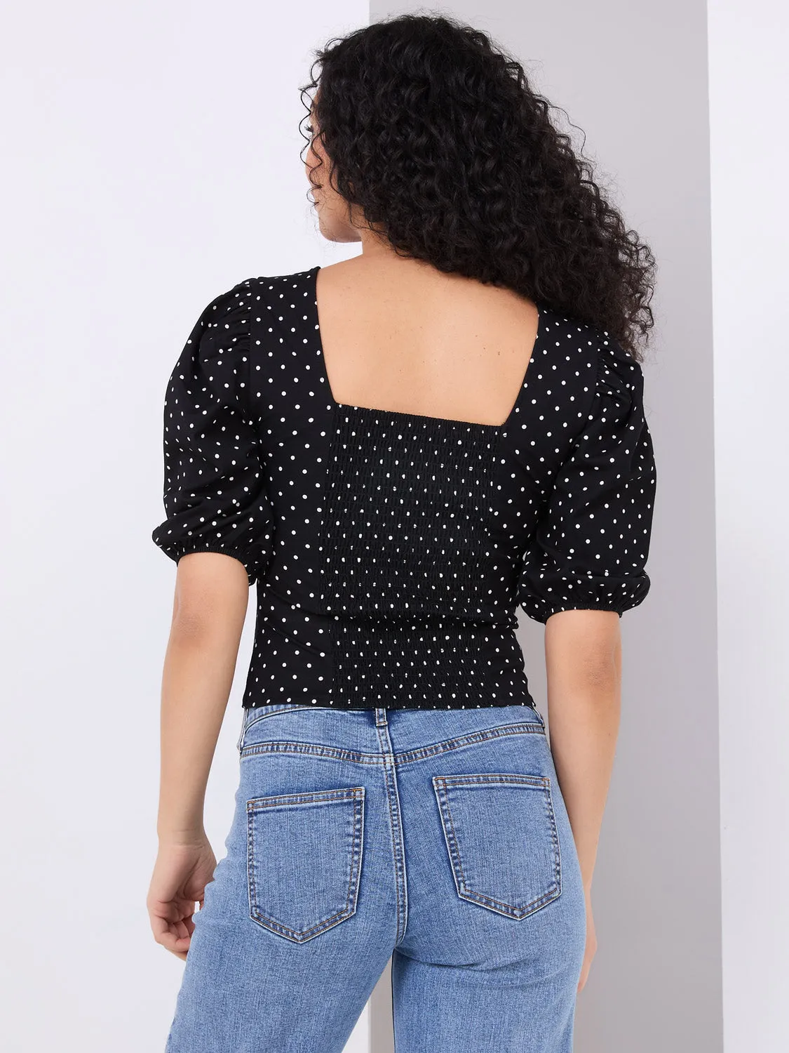 Dot Print Puff Sleeve Square Neck Top