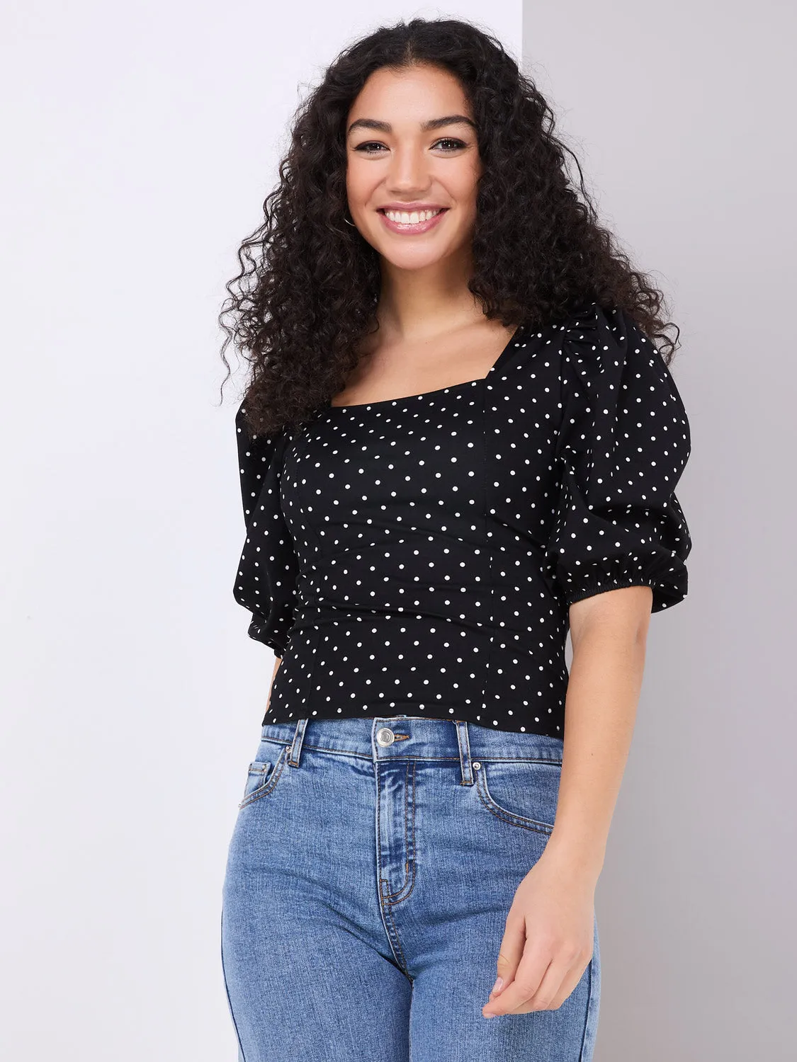 Dot Print Puff Sleeve Square Neck Top