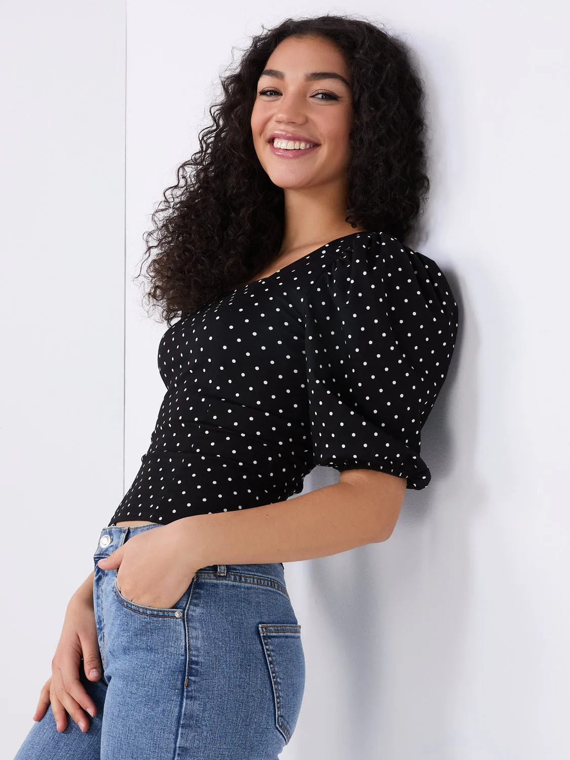 Dot Print Puff Sleeve Square Neck Top