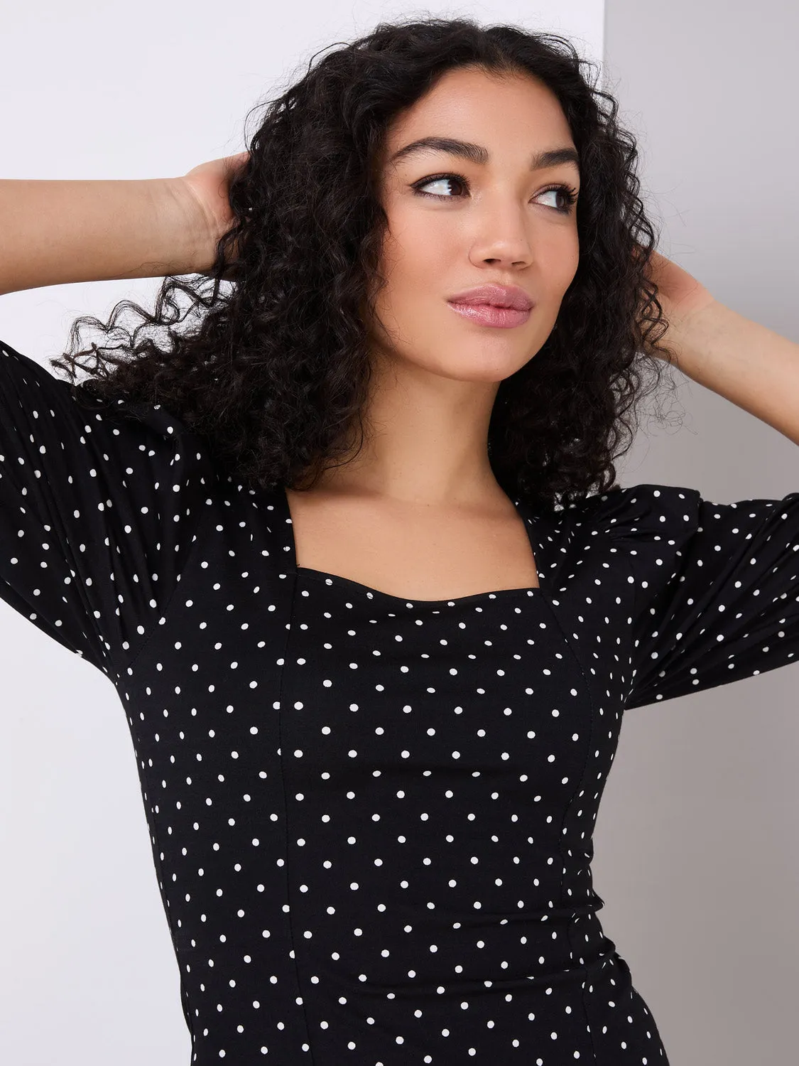 Dot Print Puff Sleeve Square Neck Top