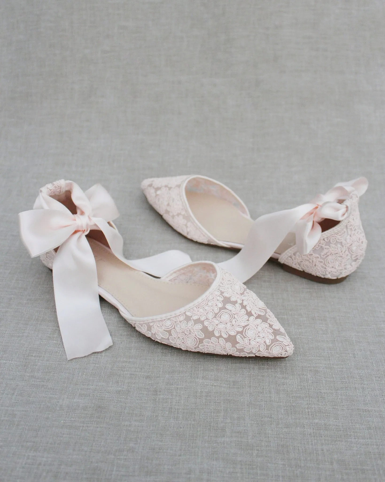 Dusty Pink Crochet Lace Pointy Toe with Ankle Tie or Ballerina Lace Up