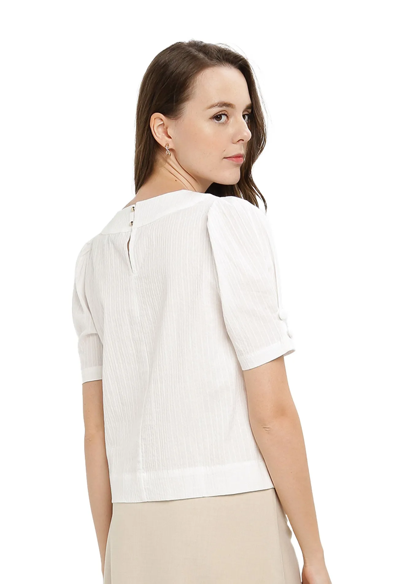 ELLE Apparel Round Neck Button Details on Sleeves Blouse