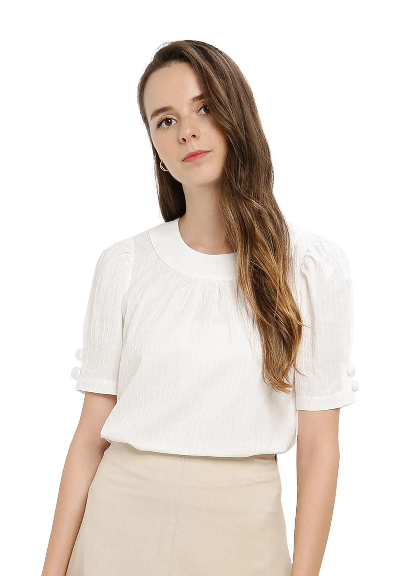 ELLE Apparel Round Neck Button Details on Sleeves Blouse