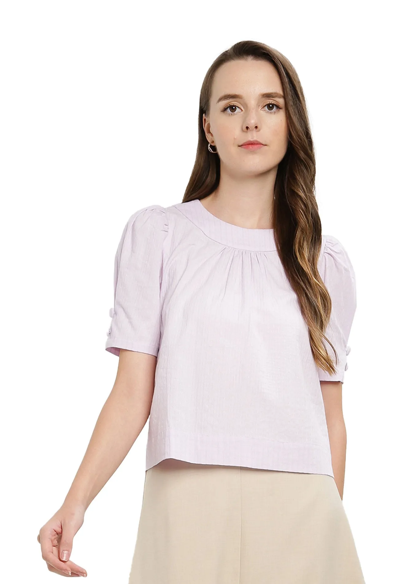 ELLE Apparel Round Neck Button Details on Sleeves Blouse